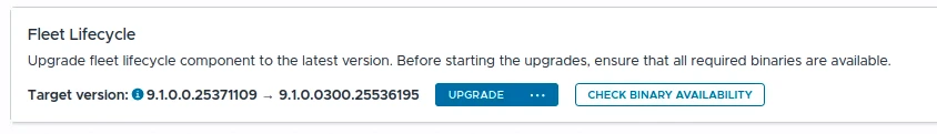 Fleet Lifecycle card showing the upgrade path from 9.1.0.0.25371109 to 9.1.0.0300.25536195.
