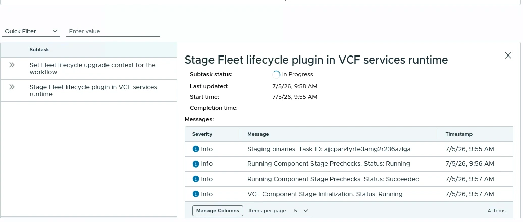 Fleet Lifecycle upgrade details showing staging binaries and component stage precheck messages.