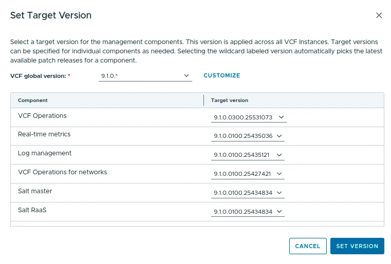 Set Target Version dialog showing VCF global version 9.1.0.* and VCF Operations target 9.1.0.0300.25531073.