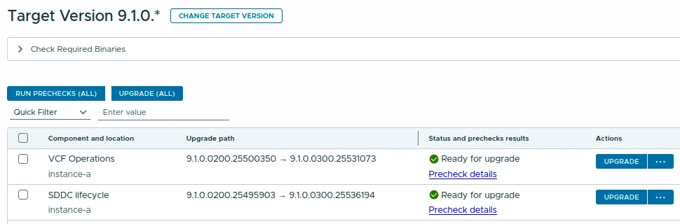 VCF Management upgrade page showing VCF Operations and SDDC Lifecycle ready for upgrade.