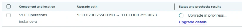 VCF Operations row showing upgrade in progress from 9.1.0.0200.25500350 to 9.1.0.0300.25531073.