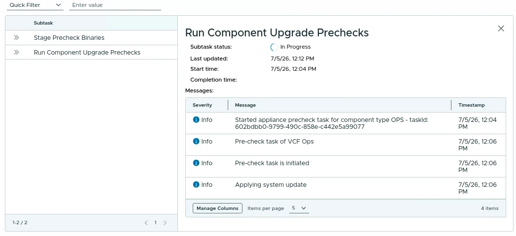 VCF Operations upgrade details showing component upgrade prechecks and system update messages.