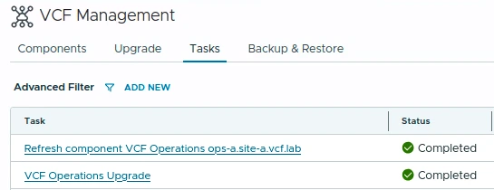 VCF Management Tasks tab showing Refresh component VCF Operations and VCF Operations Upgrade completed.