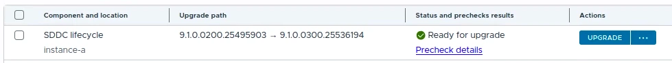 SDDC Lifecycle row showing ready for upgrade from 9.1.0.0200.25495903 to 9.1.0.0300.25536194.