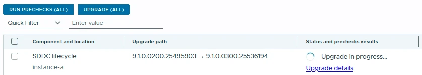 SDDC Lifecycle row showing upgrade in progress.
