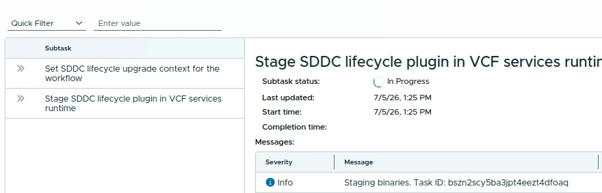 SDDC Lifecycle upgrade details showing staging in the VCF services runtime.