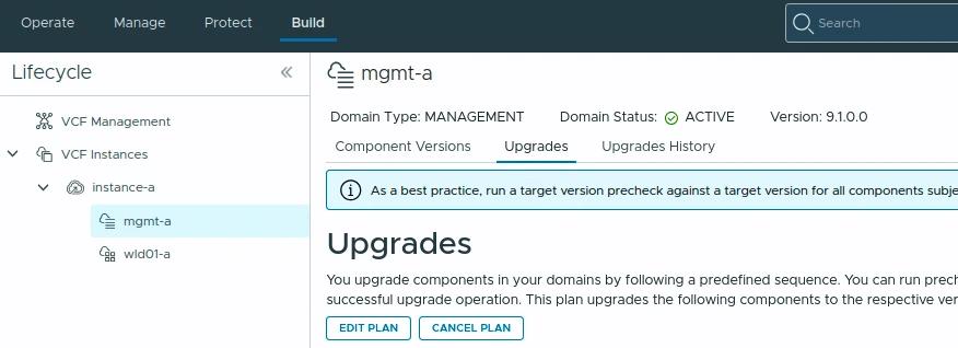 Management domain Upgrades tab showing Edit Plan for the component upgrade plan.