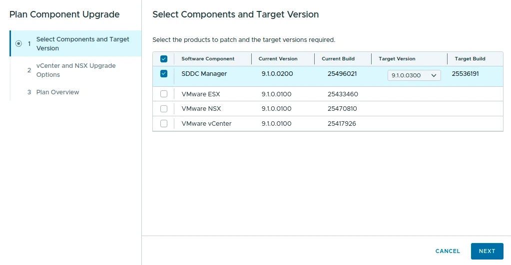 Plan Component Upgrade wizard showing SDDC Manager selected with target version 9.1.0.0300.