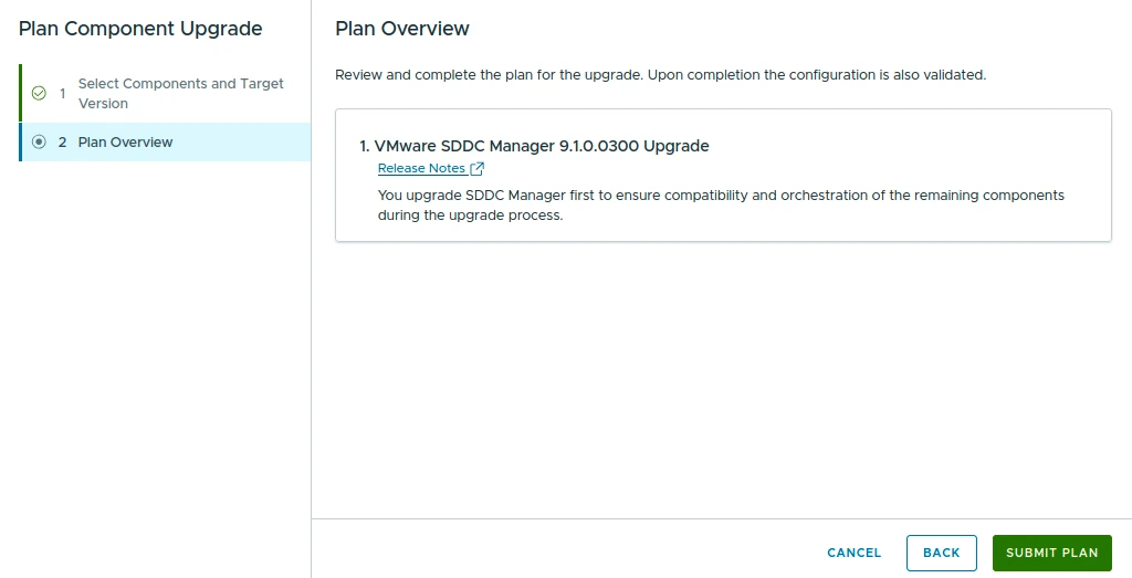 Plan Overview page showing VMware SDDC Manager 9.1.0.0300 Upgrade with a release notes link.