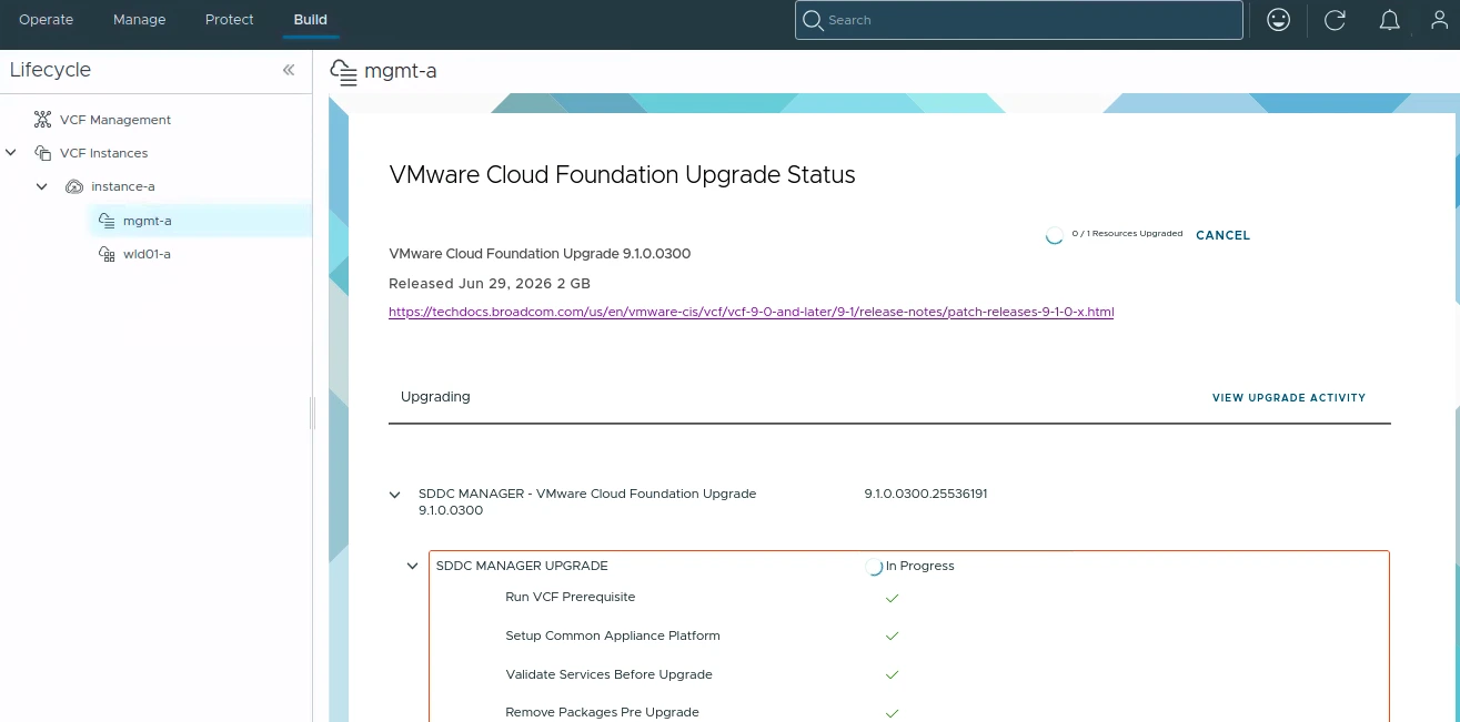 VMware Cloud Foundation Upgrade Status page showing SDDC Manager upgrade in progress.