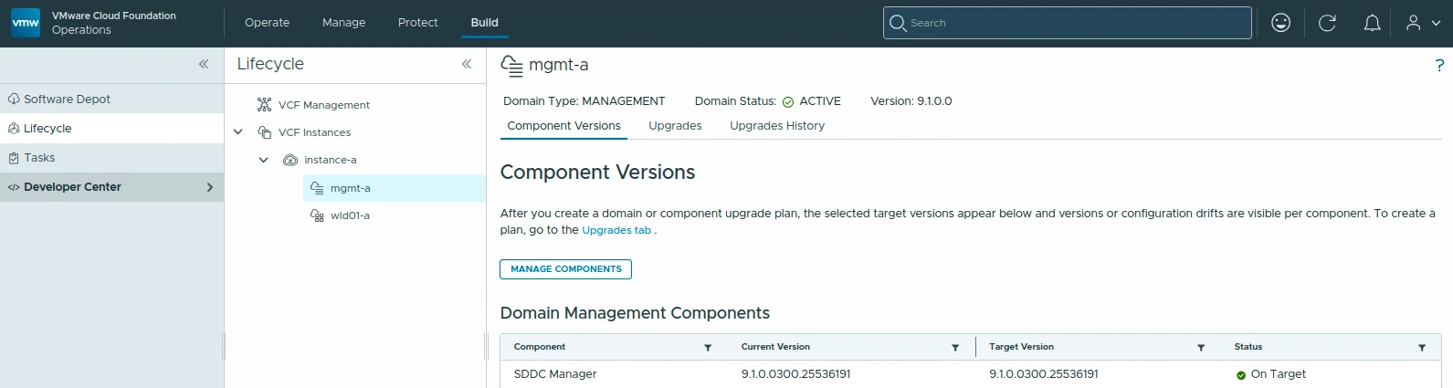 VCF Management component versions showing SDDC Manager 9.1.0.0300 on target.