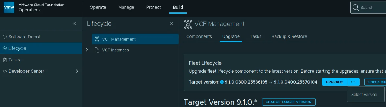 The VCF Management Upgrade page with the Fleet Lifecycle three-dot menu expanded and the Select version option visible.