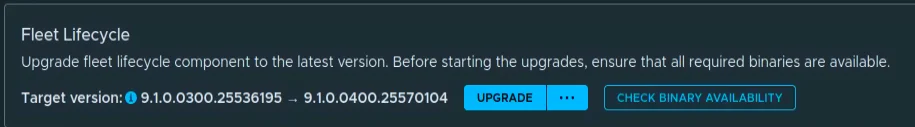 The Fleet Lifecycle card showing the upgrade path to 9.1.0.0400.25570104 with the Upgrade button.