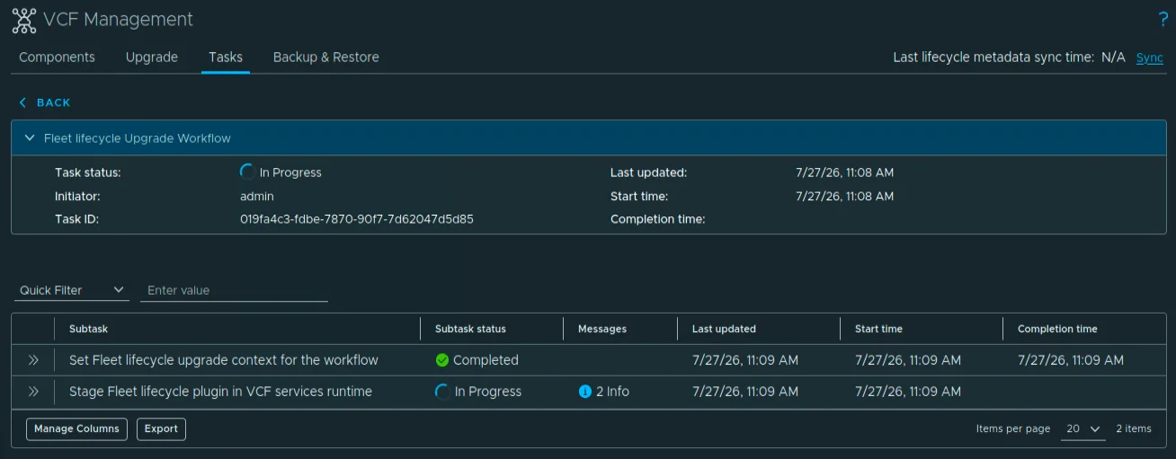 The Fleet Lifecycle upgrade workflow with its first two subtasks, Set Fleet lifecycle upgrade context and Stage Fleet lifecycle plugin in VCF services runtime.