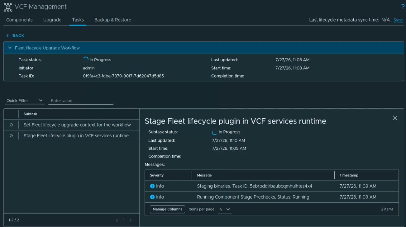 The Fleet Lifecycle upgrade workflow showing the Staging binaries and Running Component Stage Prechecks messages.