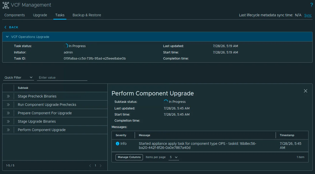 The VCF Operations upgrade workflow with its subtasks In Progress.