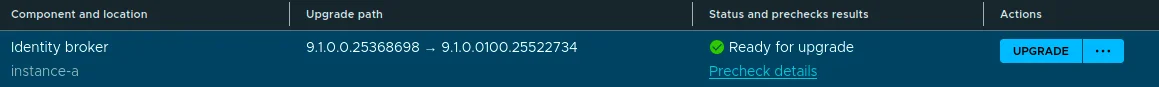 The Identity Broker row Ready for upgrade with target version 9.1.0.0100.25522734.