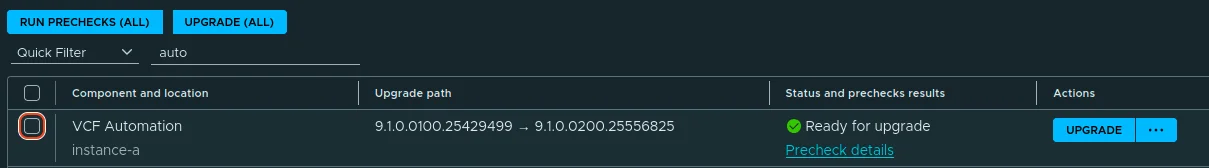 The VCF Automation row Ready for upgrade with target version 9.1.0.0200.25556825.