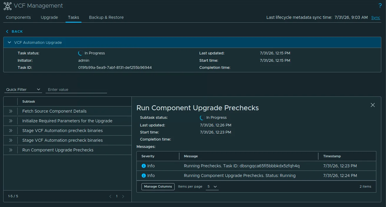 The VCF Automation precheck workflow running before the upgrade proceeds.