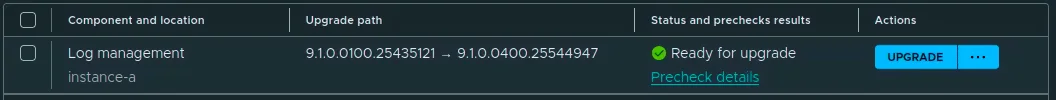 The Log Management row Ready for upgrade with target version 9.1.0.0400.25544947.