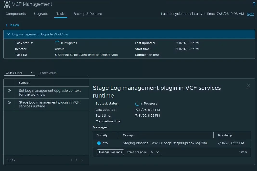 The Log Management upgrade workflow with its subtasks In Progress.