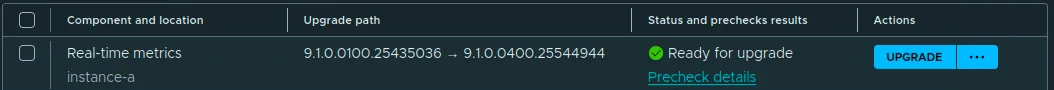 The Real-Time Metrics row Ready for upgrade with target version 9.1.0.0400.25544944.