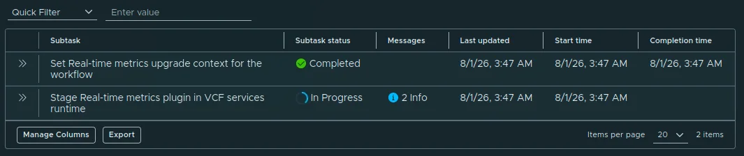 The Real-Time Metrics upgrade workflow with its subtasks In Progress.