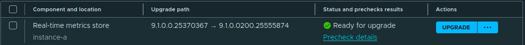 The Real-Time Metrics Store row Ready for upgrade with target version 9.1.0.0200.25555874.