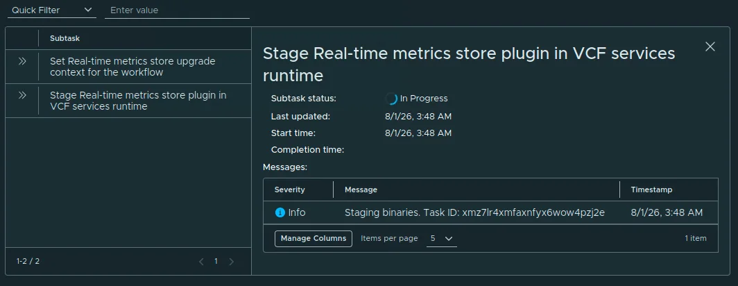 The Real-Time Metrics Store upgrade workflow with its subtasks In Progress.