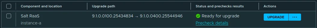 The Salt RaaS row Ready for upgrade with target version 9.1.0.0400.25544946.