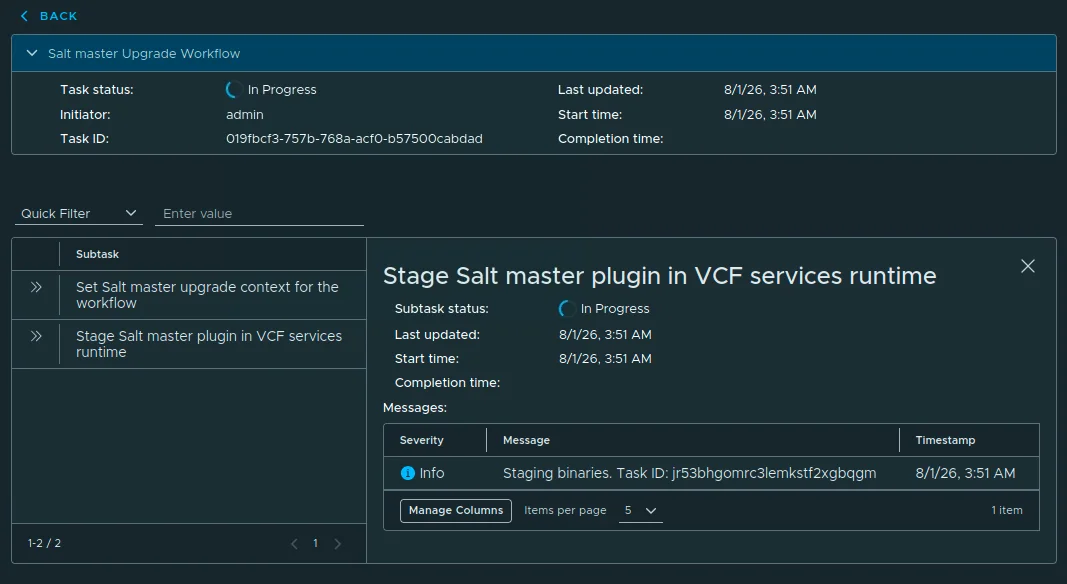 The Salt Master upgrade workflow with its subtasks In Progress.