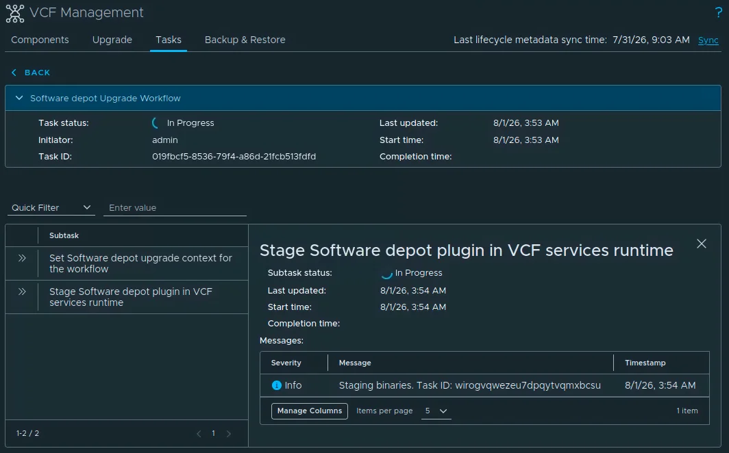 The Software Depot upgrade workflow with its subtasks In Progress while the depot is temporarily offline.