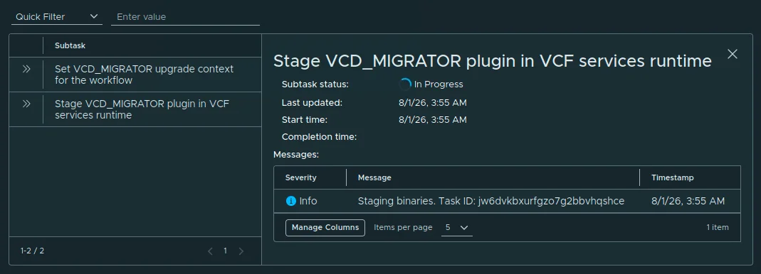 The Migration Service Engine upgrade workflow with the Stage VCD_MIGRATOR plugin in VCF services runtime subtask.