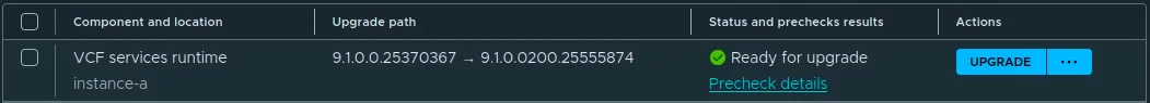 The VCF Services Runtime row Ready for upgrade with target version 9.1.0.0200.25555874.