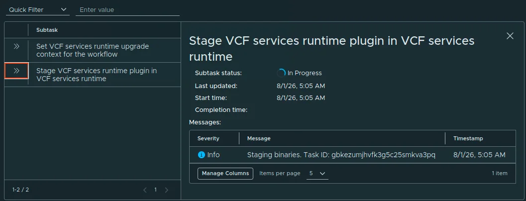 The VCF Services Runtime upgrade workflow with its subtasks In Progress.
