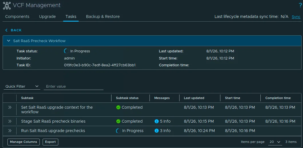 The Salt RaaS precheck workflow with the Run Salt RaaS upgrade prechecks subtask still In Progress.