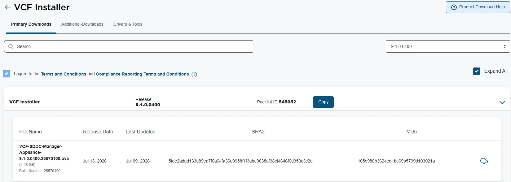 Broadcom support portal showing the VCF Installer 9.1.0.0400 download page with the VCF-SDDC-Manager-Appliance OVA file, build number 25570100, and its SHA2 and MD5 checksums.