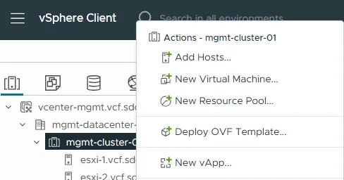 vSphere Client actions menu on cluster mgmt-cluster-01 showing the Deploy OVF Template option.