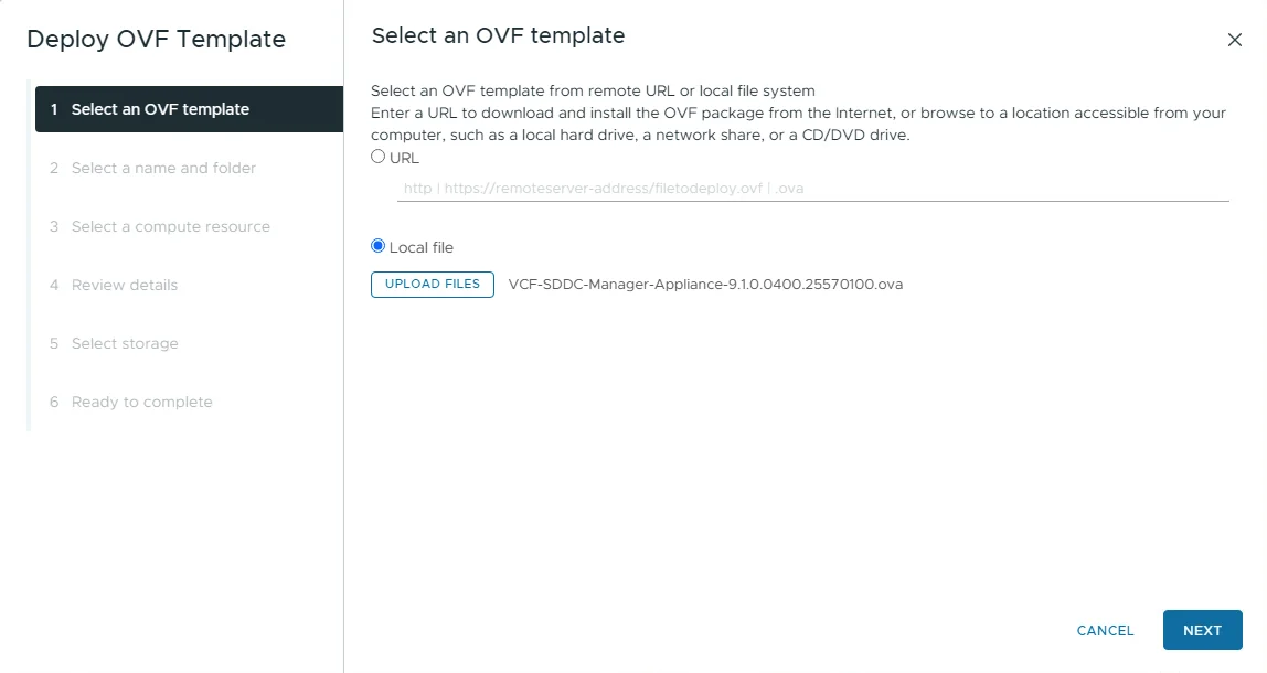 Deploy OVF Template wizard step 1 with the local file VCF-SDDC-Manager-Appliance-9.1.0.0400.25570100.ova selected.