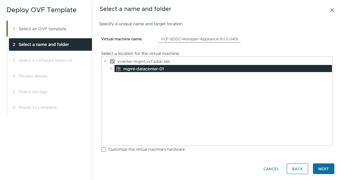 Deploy OVF Template wizard step 2 with the VM name set and mgmt-datacenter-01 selected as the target location under vcenter-mgmt.vcf.sddc.lab.