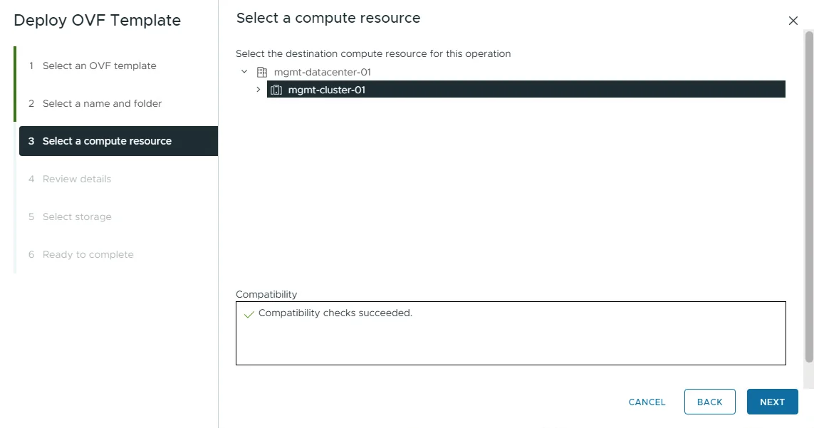Deploy OVF Template wizard step 3 with mgmt-cluster-01 selected and compatibility checks succeeded.