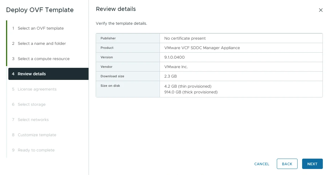 Review details step of the Deploy OVF Template wizard showing VMware VCF SDDC Manager Appliance version 9.1.0.0400.