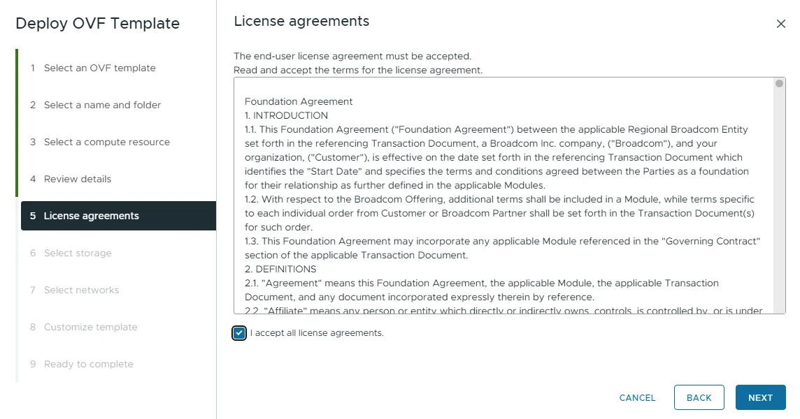 License agreements step of the Deploy OVF Template wizard with the Broadcom Foundation Agreement accepted.