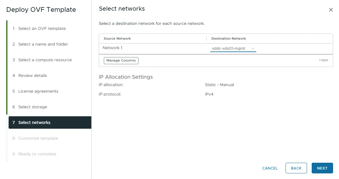 Select networks step of the Deploy OVF Template wizard mapping Network 1 to the sddc-vds01-mgmt port group with static IPv4 allocation.