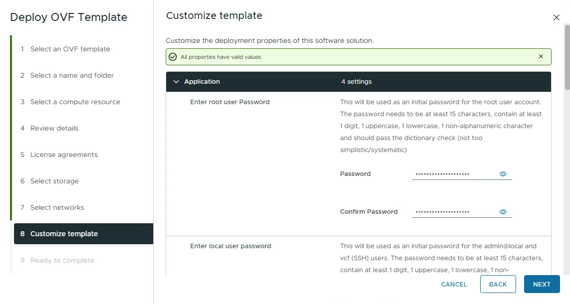 Customize template step of the Deploy OVF Template wizard with masked root and local user password fields for the VCF Installer appliance.