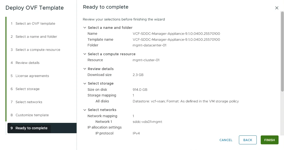 Ready to complete summary of the Deploy OVF Template wizard for the VCF-SDDC-Manager-Appliance-9.1.0.0400.25570100 OVA.