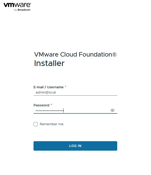 VMware Cloud Foundation Installer login page with admin@local entered as the username.