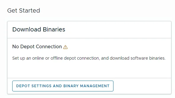 The VCF Installer Get Started page with the Download Binaries card showing a No Depot Connection warning.