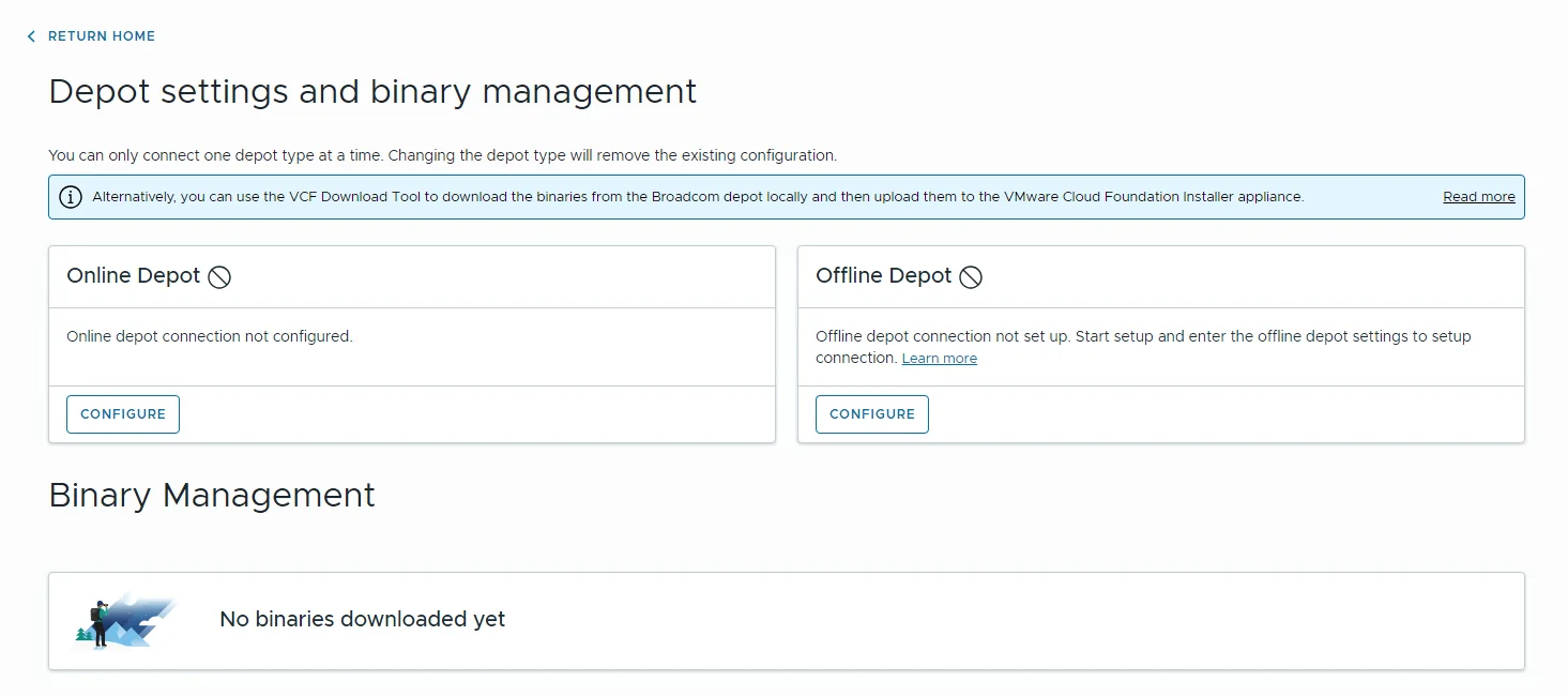 Depot settings and binary management page with unconfigured Online Depot and Offline Depot tiles.