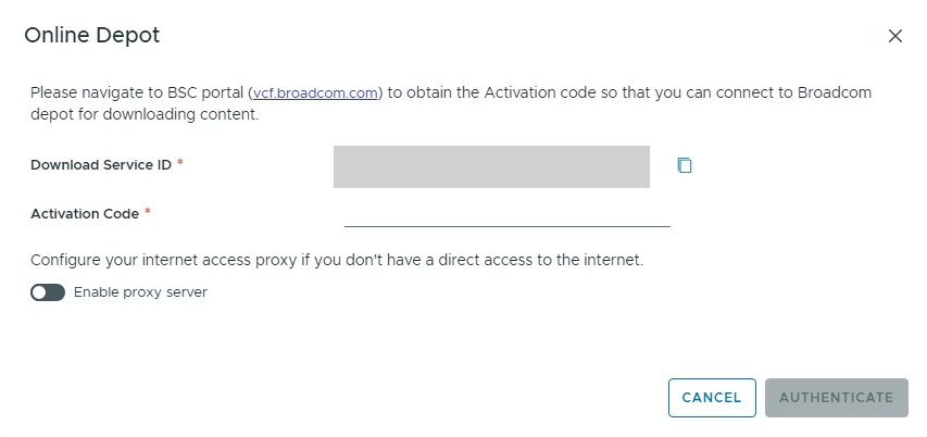 The Online Depot dialog showing the Download Service ID with the Activation Code field to be filled from the BSC portal.